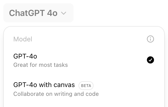 ChatGPT model picker showing GPT-4o with canvas option